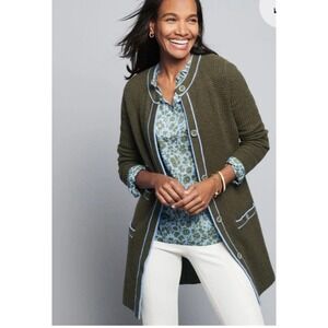 Talbots L Petite‎ Women's Olive Green Tipped Texture Cardigan Pockets Wool Blend